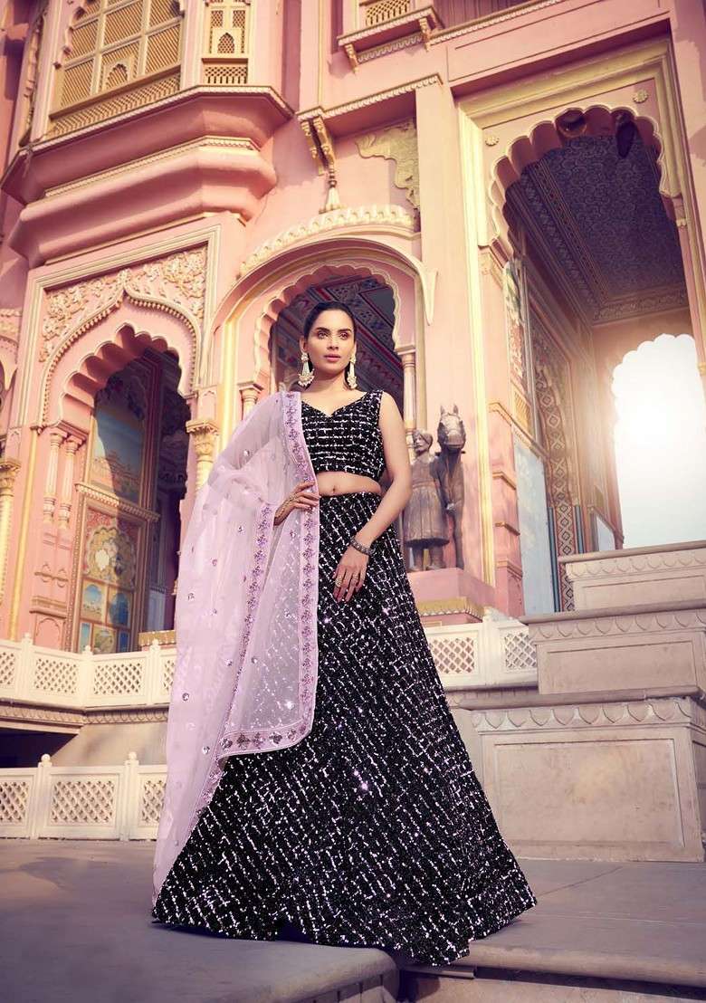 Black Emboridered Blended Lehenga Choli - Indya