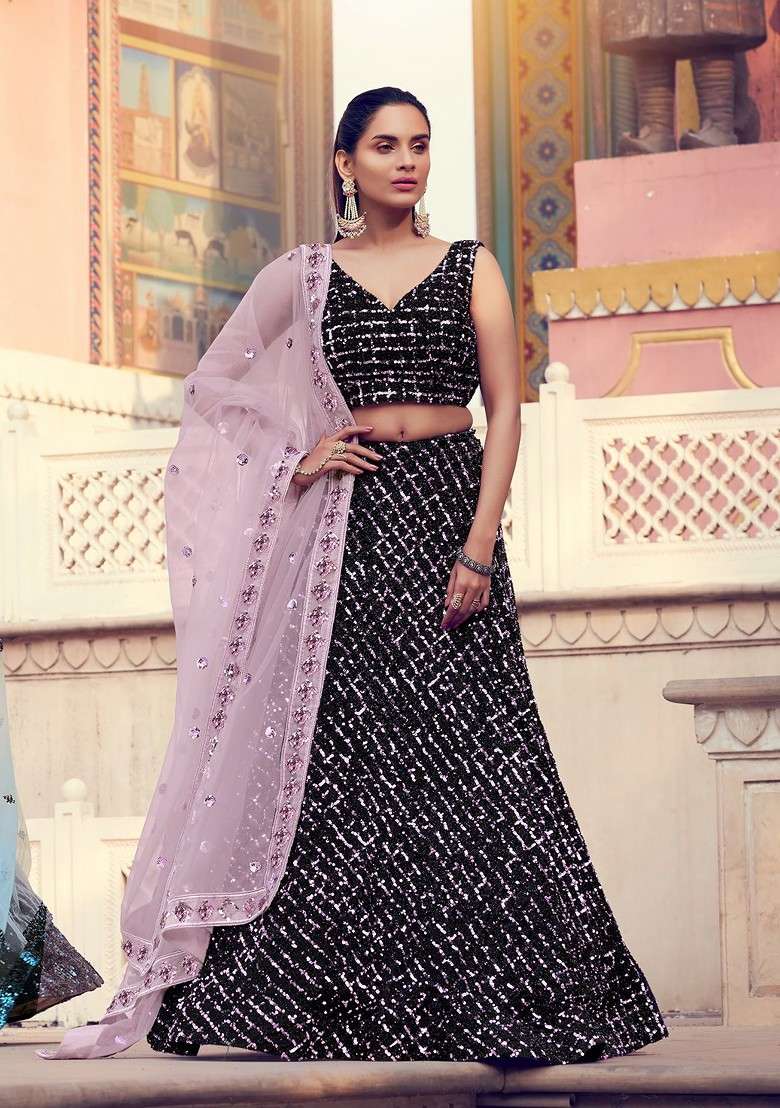 Black Emboridered Blended Lehenga Choli - Indya