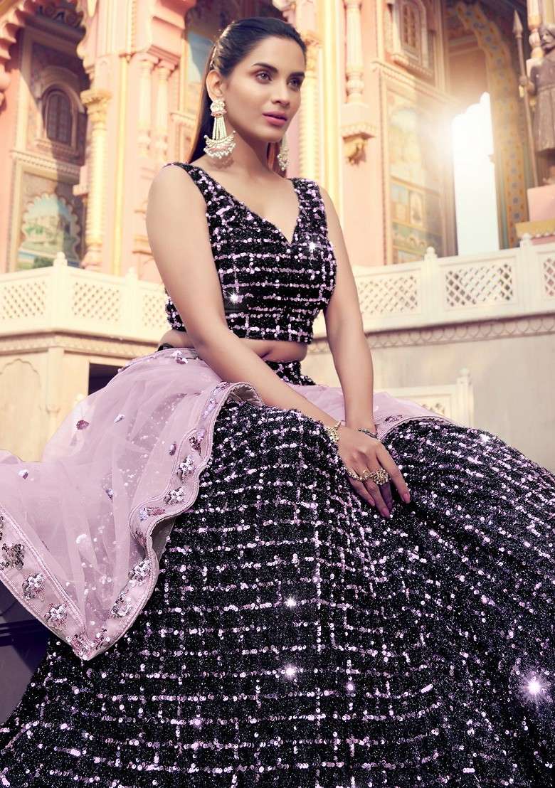 Black Emboridered Blended Lehenga Choli - Indya