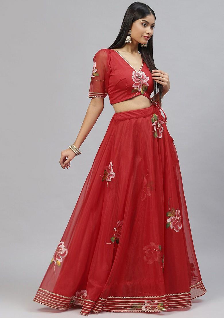 Red Printed Blended Lehenga Choli - Indya