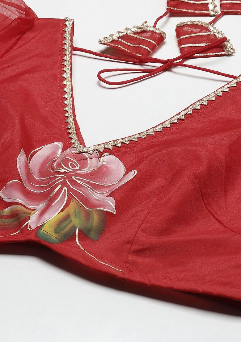 Red Printed Blended Lehenga Choli - Indya