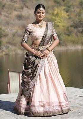 Cream Printed Blended Lehenga Choli