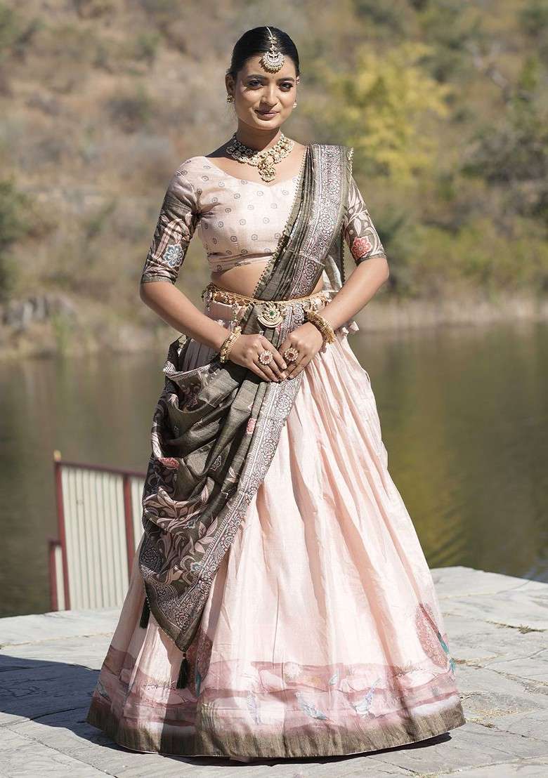 Cream Printed Blended Lehenga Choli - Indya