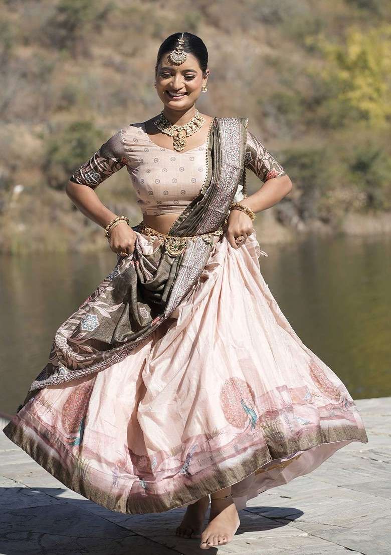 Cream Printed Blended Lehenga Choli - Indya