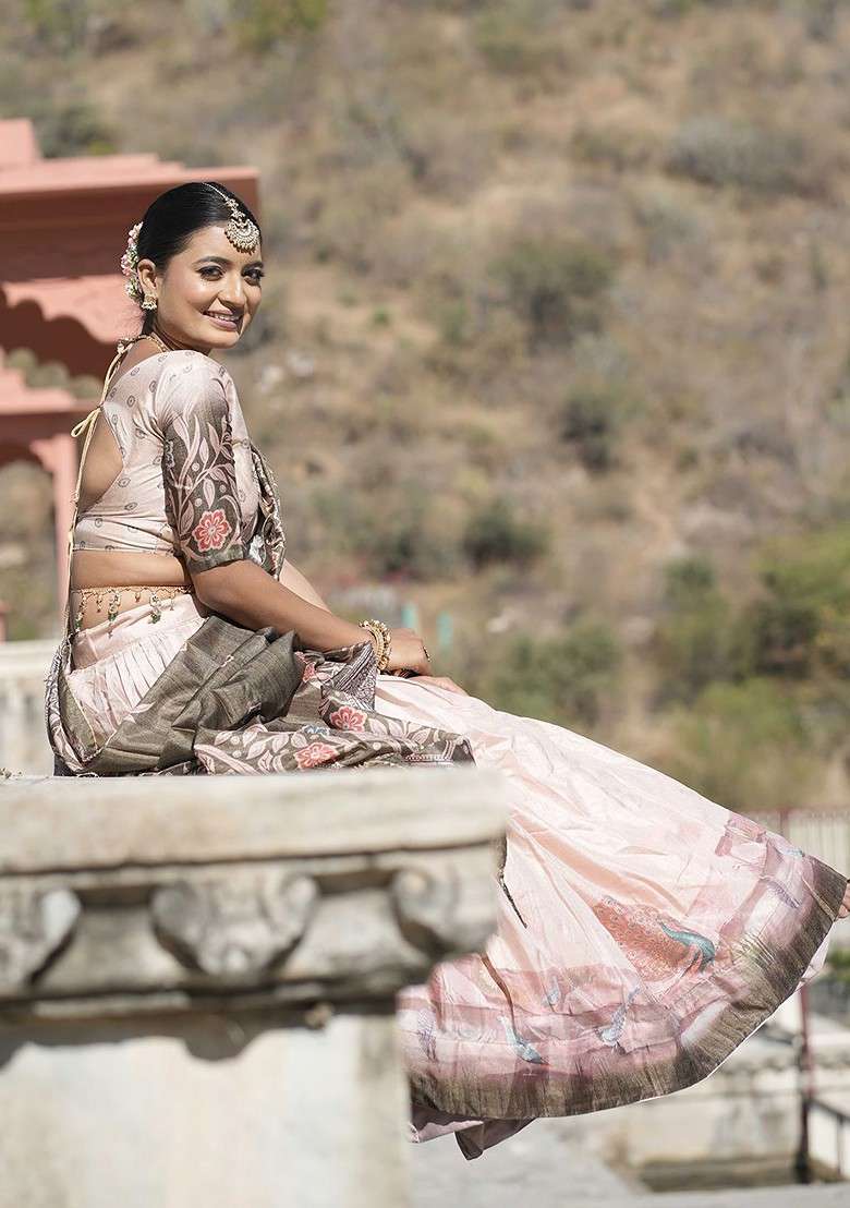 Cream Printed Blended Lehenga Choli - Indya