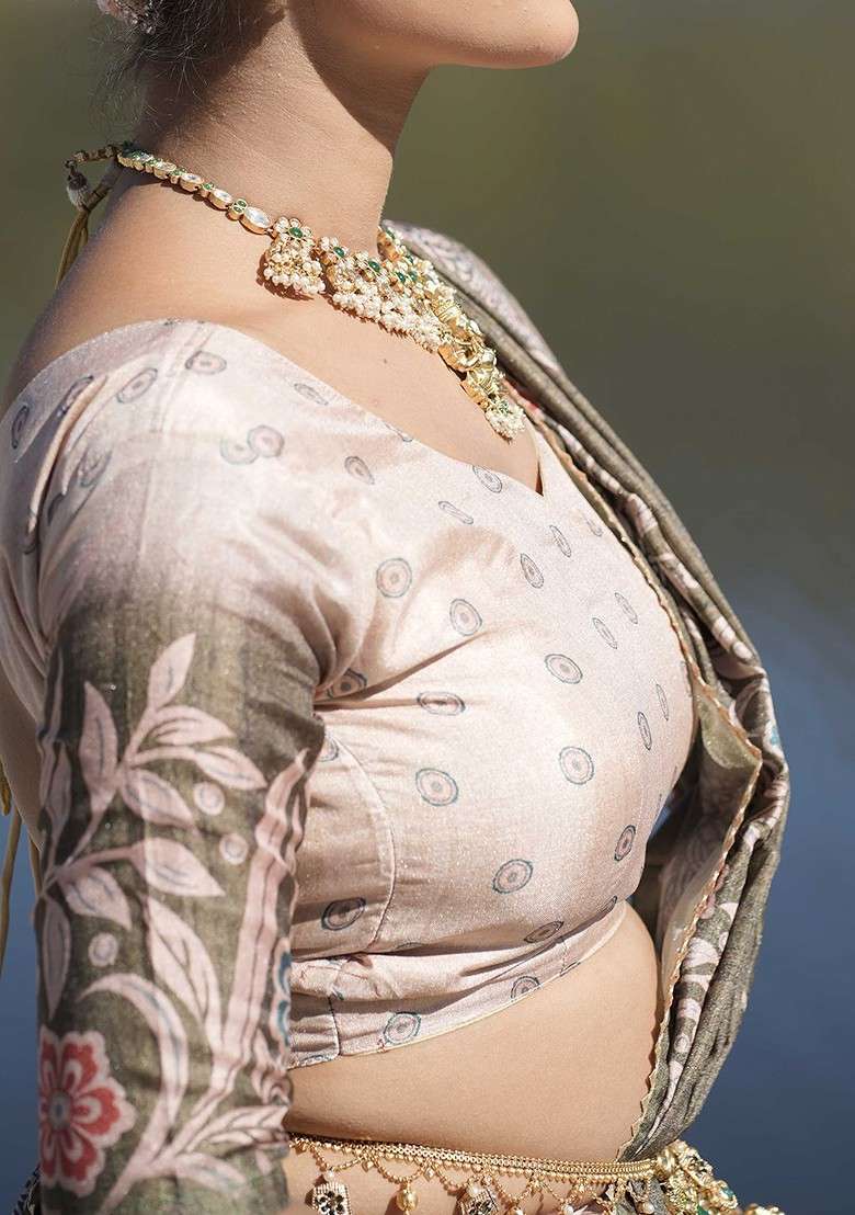 Cream Printed Blended Lehenga Choli - Indya