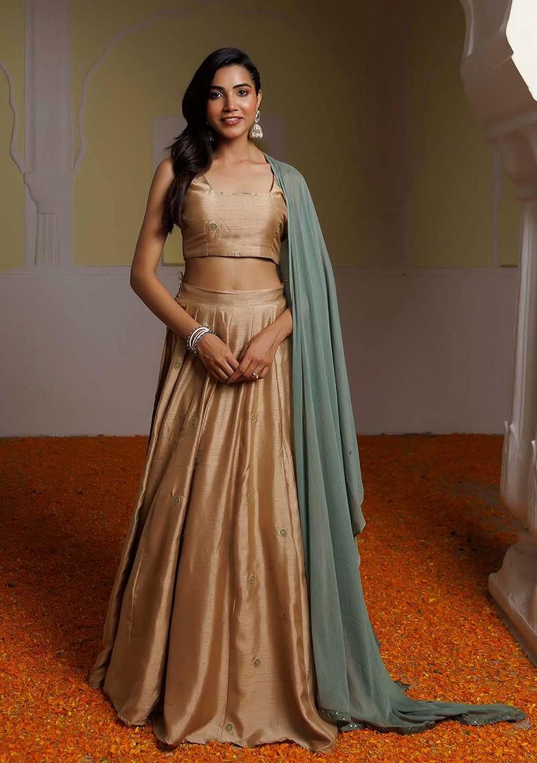 Brown Emboridered Blended Lehenga Choli - Indya