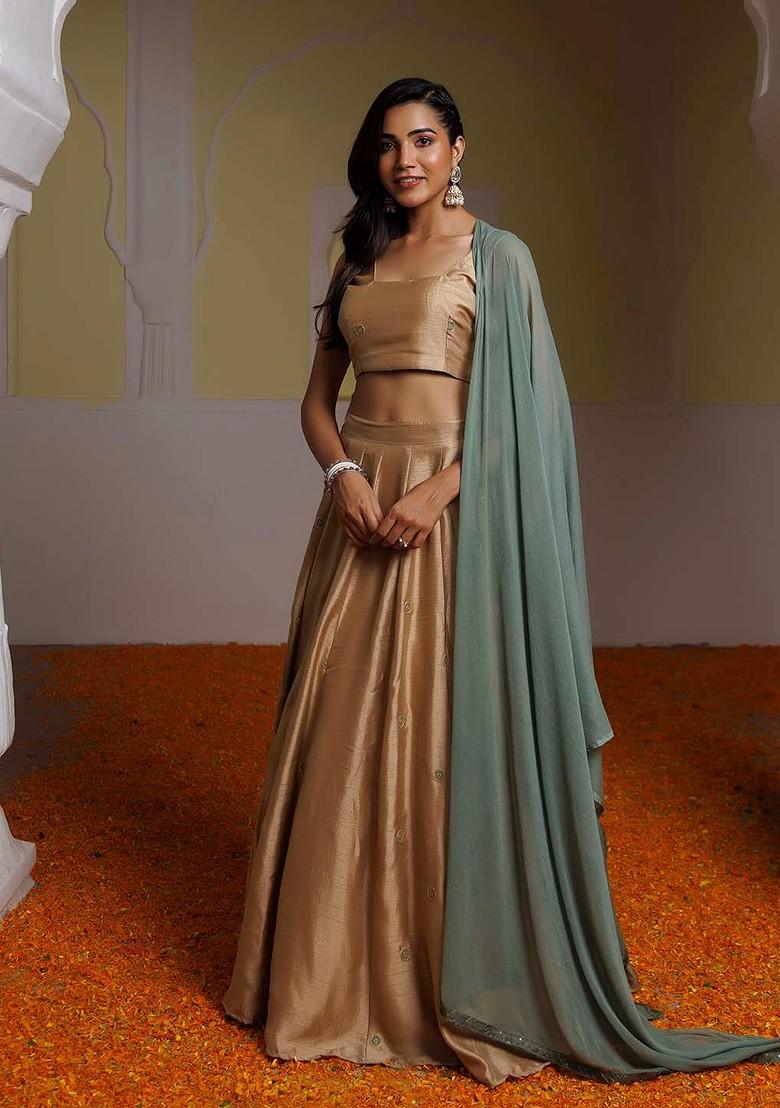 Brown Emboridered Blended Lehenga Choli - Indya