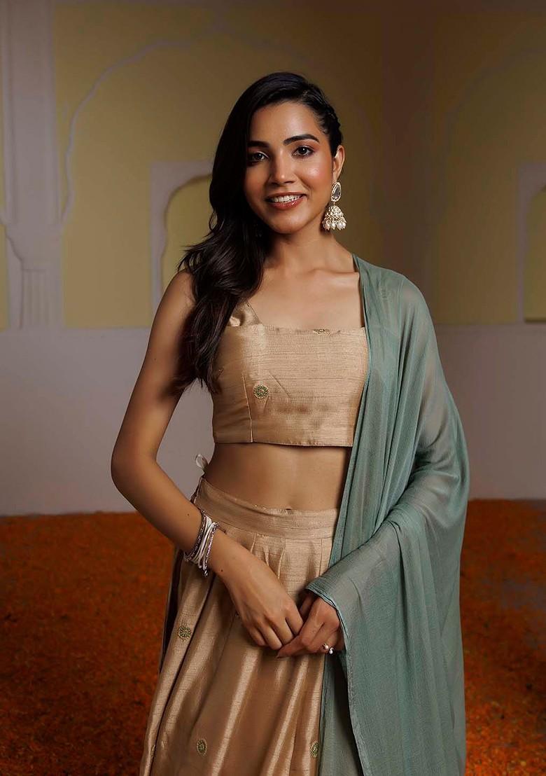 Brown Emboridered Blended Lehenga Choli