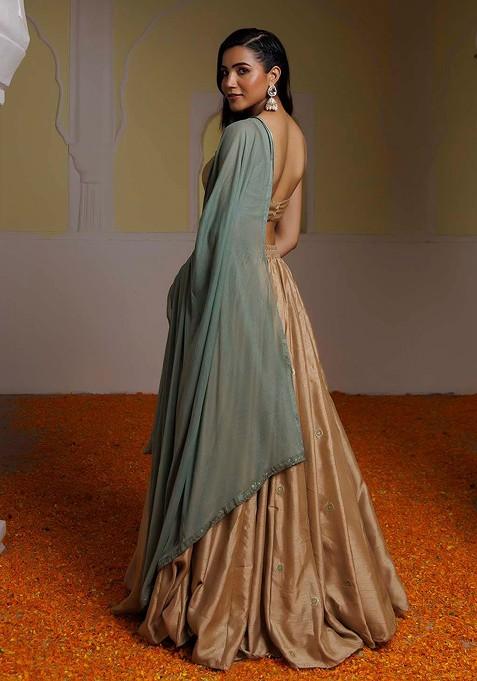 Brown Emboridered Blended Lehenga Choli