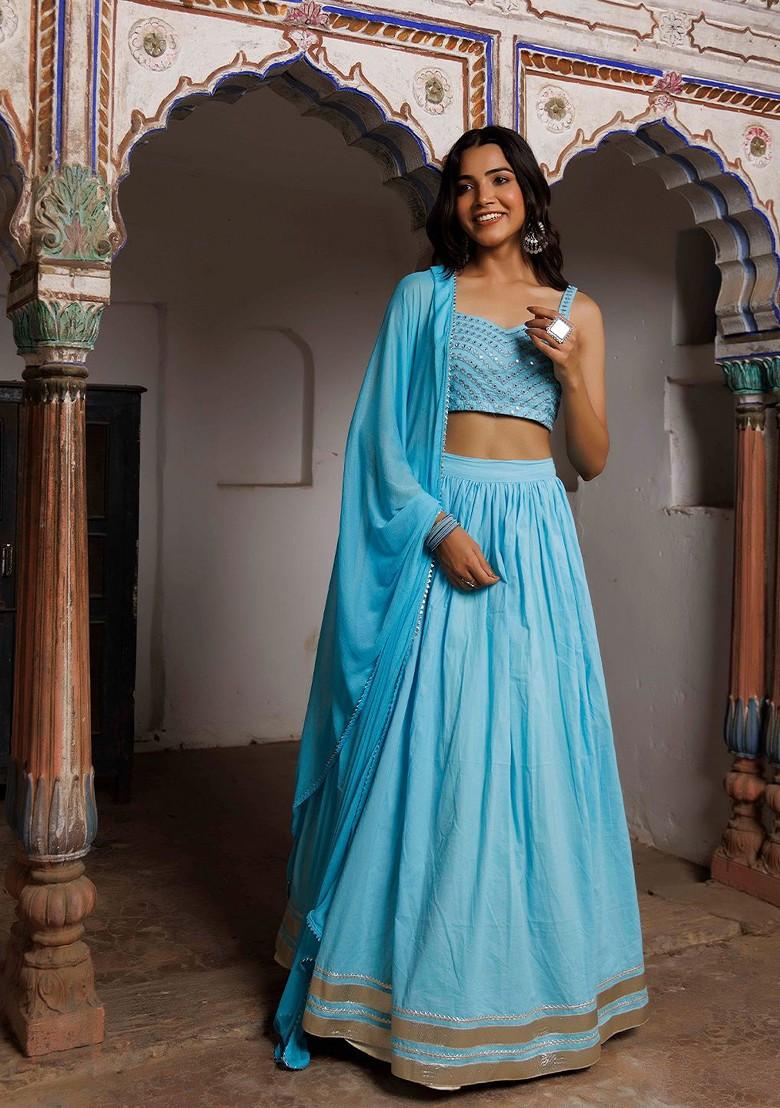 Turquoise Blue Emboridered Blended Lehenga Choli