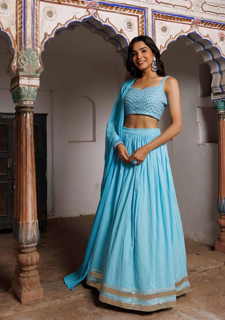 Turquoise Blue Emboridered Blended Lehenga Choli - Indya