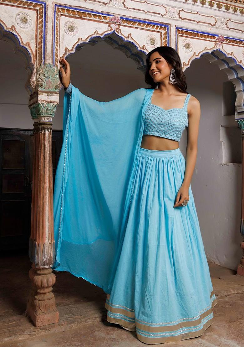 Turquoise Blue Emboridered Blended Lehenga Choli