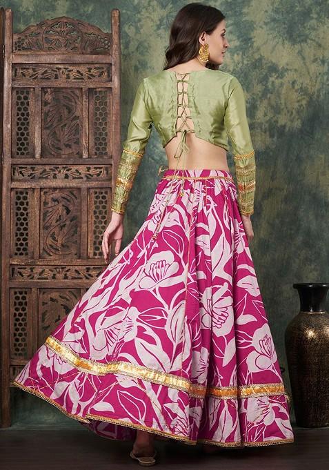 Pink Printed Blended Lehenga Choli