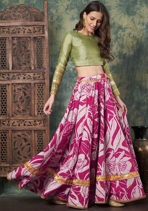 Pink Printed Blended Lehenga Choli