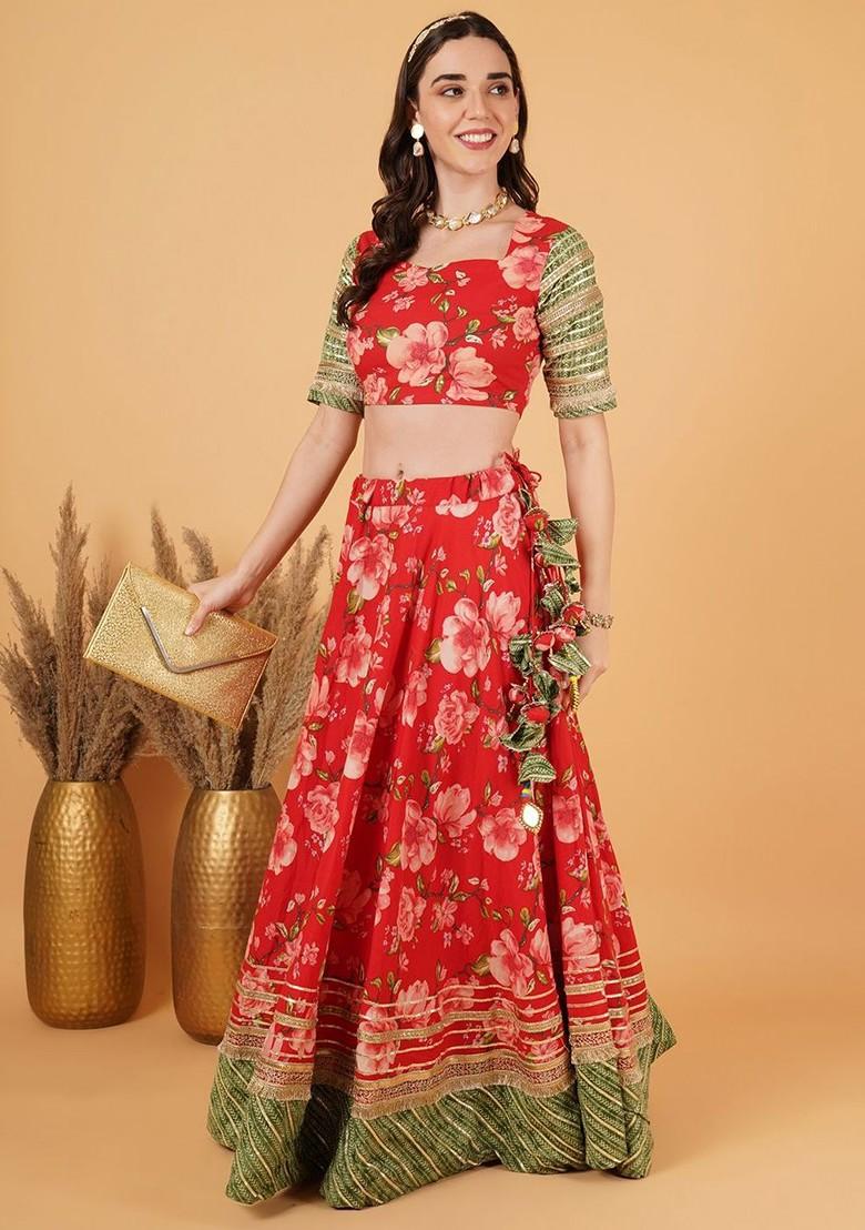 Red Printed Blended Lehenga Choli