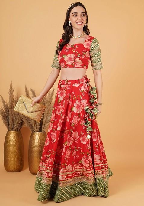 Red Printed Blended Lehenga Choli