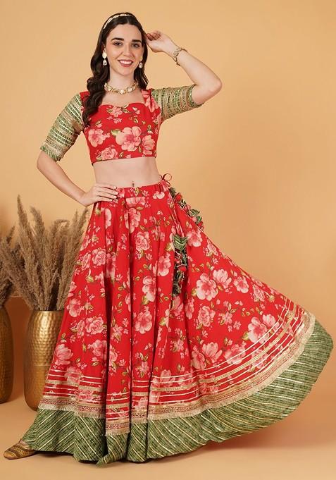 Red Printed Blended Lehenga Choli