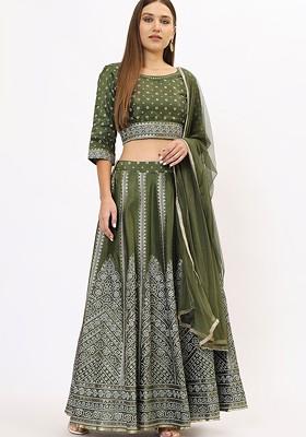 Green Printed Blended Lehenga Choli