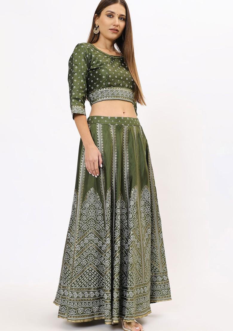 Green Printed Blended Lehenga Choli - Indya