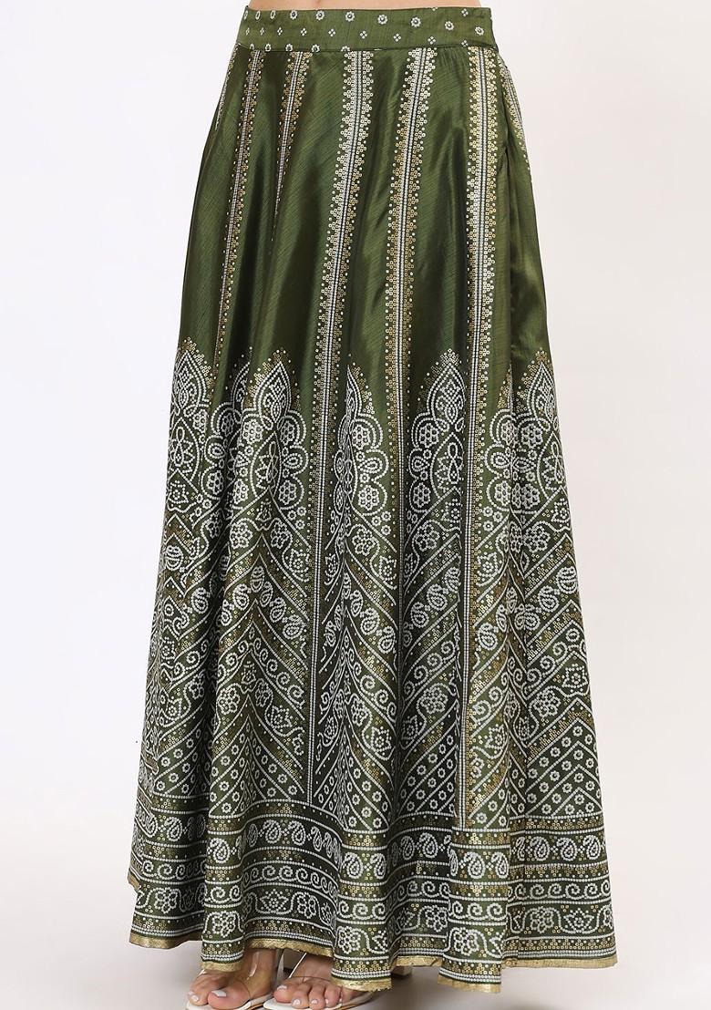 Green Printed Blended Lehenga Choli - Indya