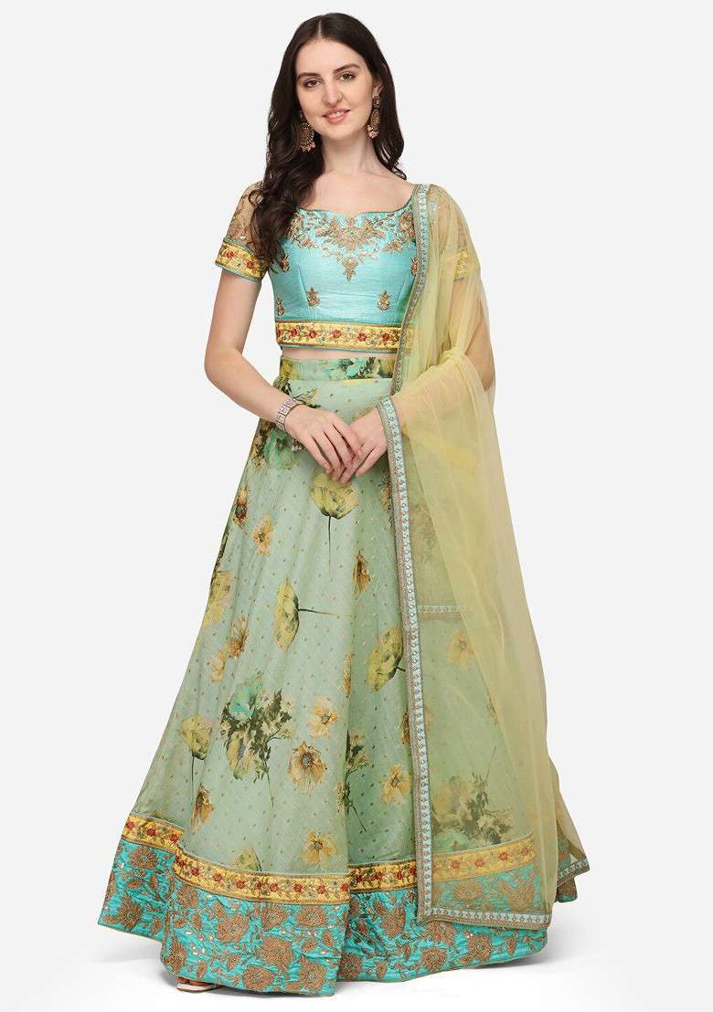 Green Emboridered Blended Lehenga Choli - Indya