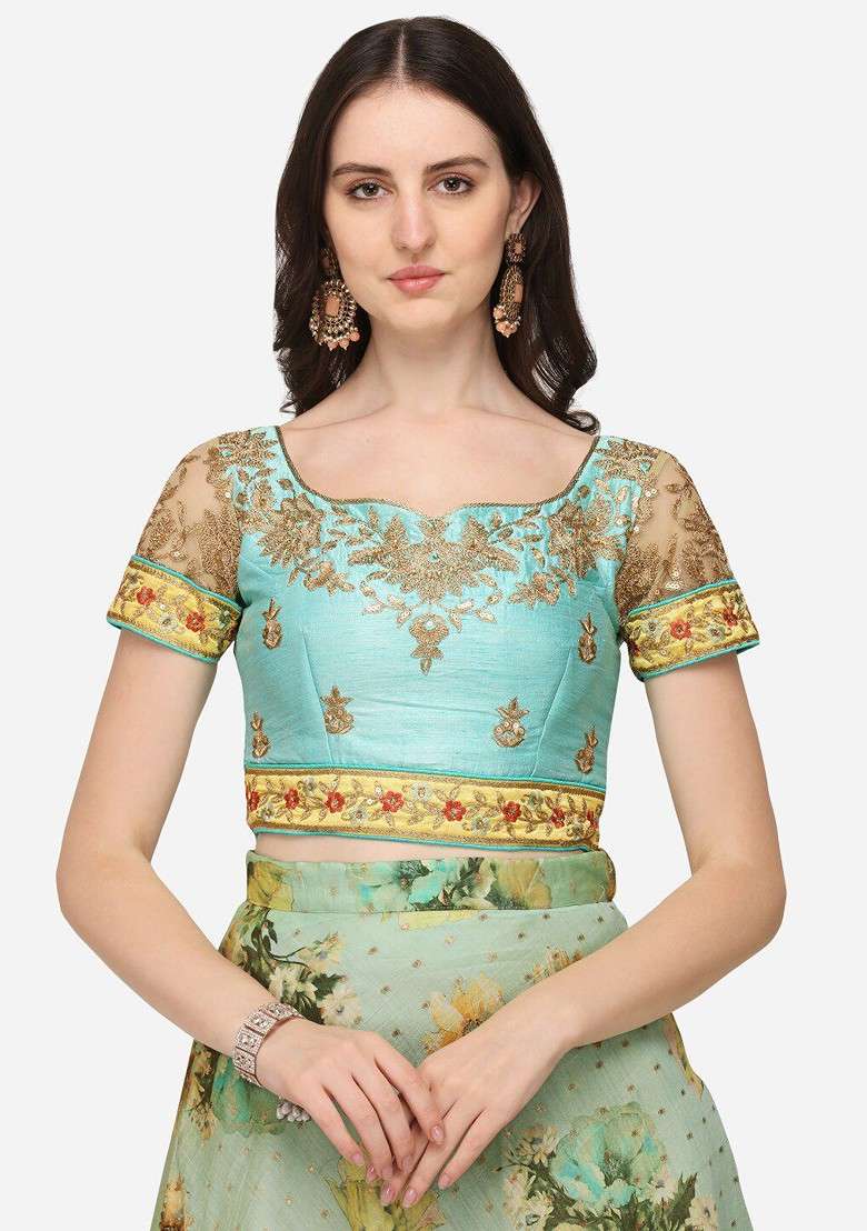 Green Emboridered Blended Lehenga Choli - Indya