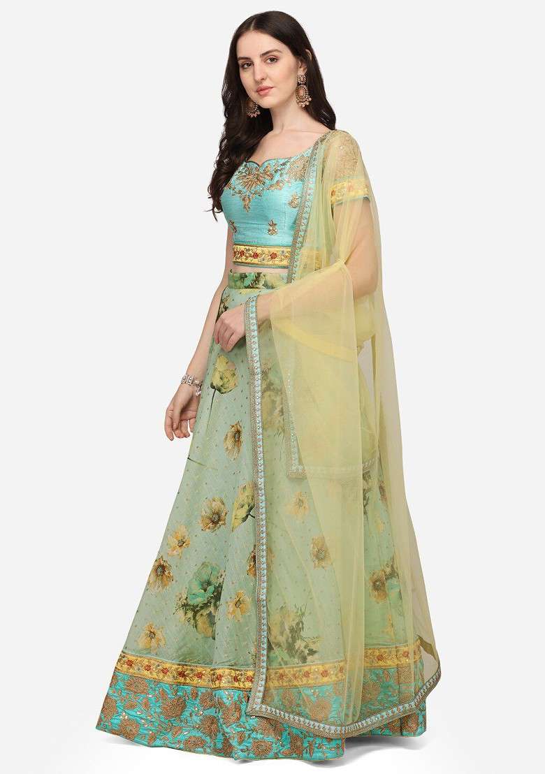 Green Emboridered Blended Lehenga Choli - Indya