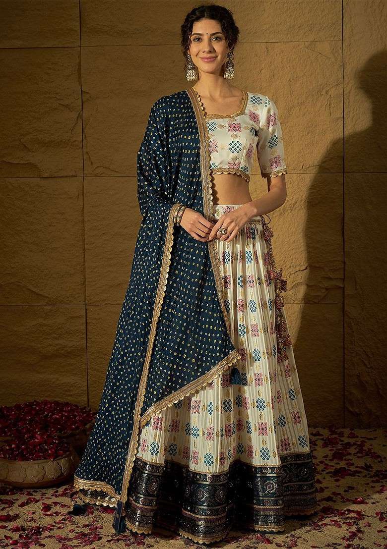 White Printed Blended Lehenga Choli - Indya