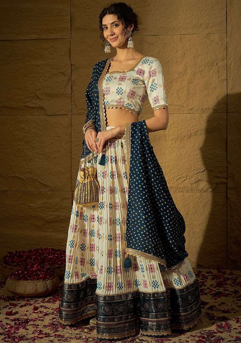 White Printed Blended Lehenga Choli - Indya