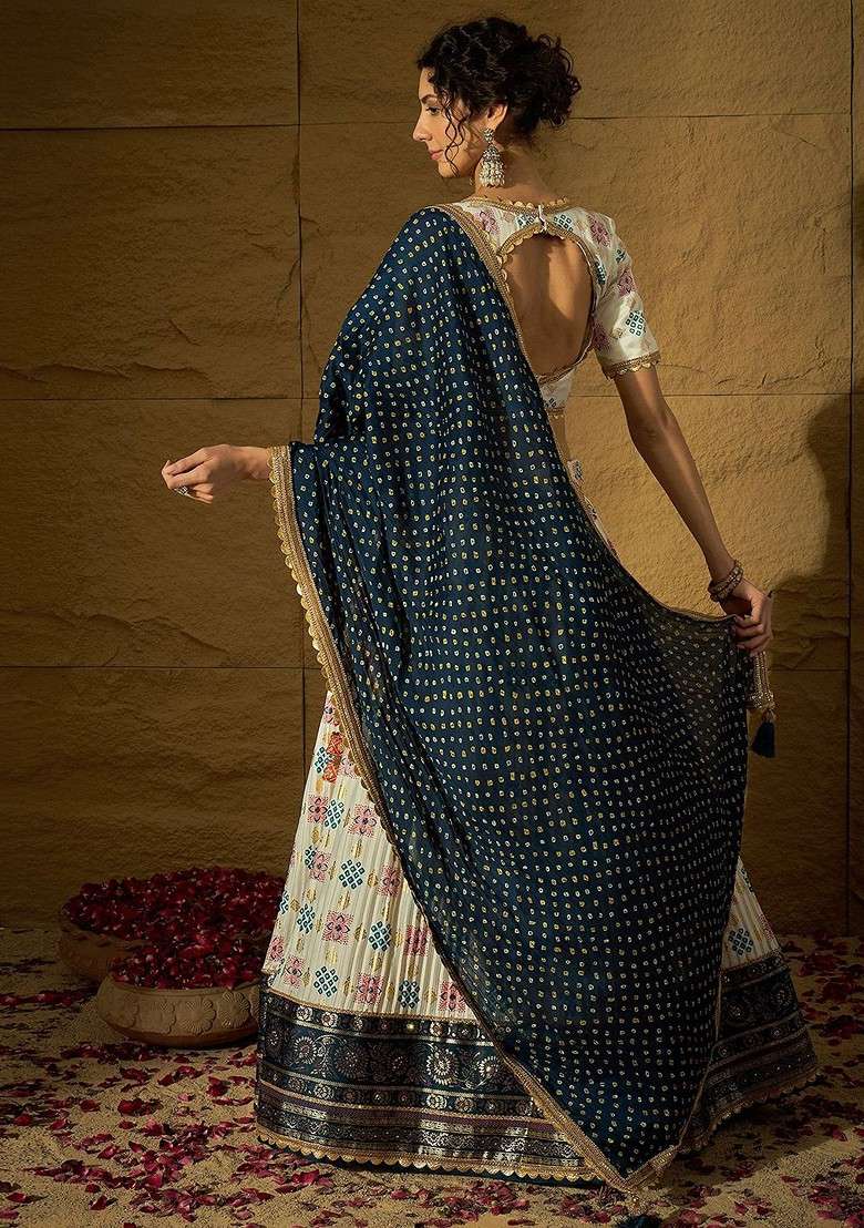 White Printed Blended Lehenga Choli - Indya