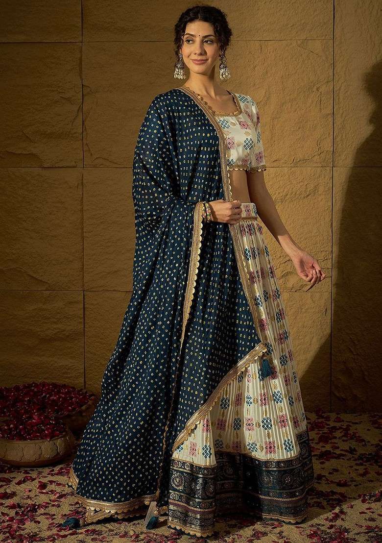 White Printed Blended Lehenga Choli - Indya