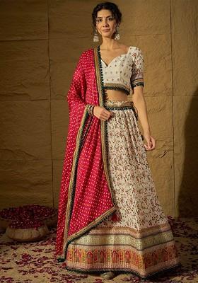 White Printed Blended Lehenga Choli