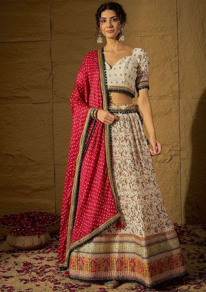 White Printed Blended Lehenga Choli - Indya