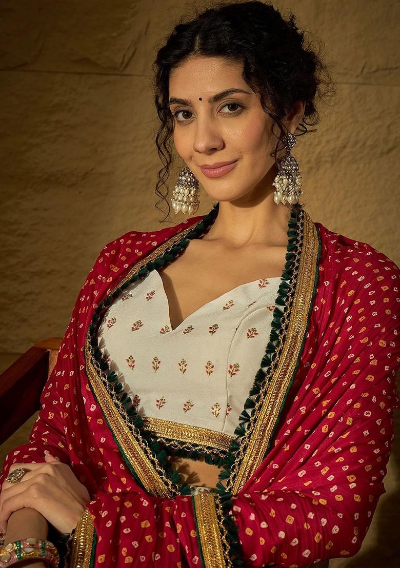 White Printed Blended Lehenga Choli - Indya