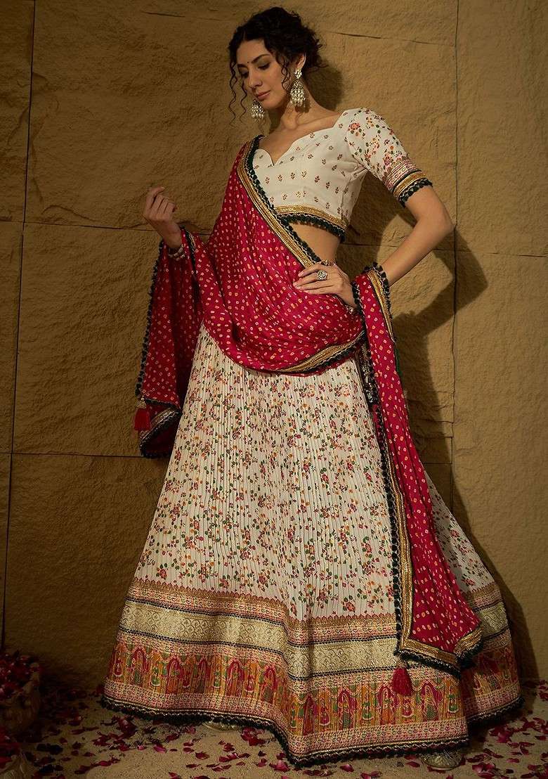 White Printed Blended Lehenga Choli - Indya