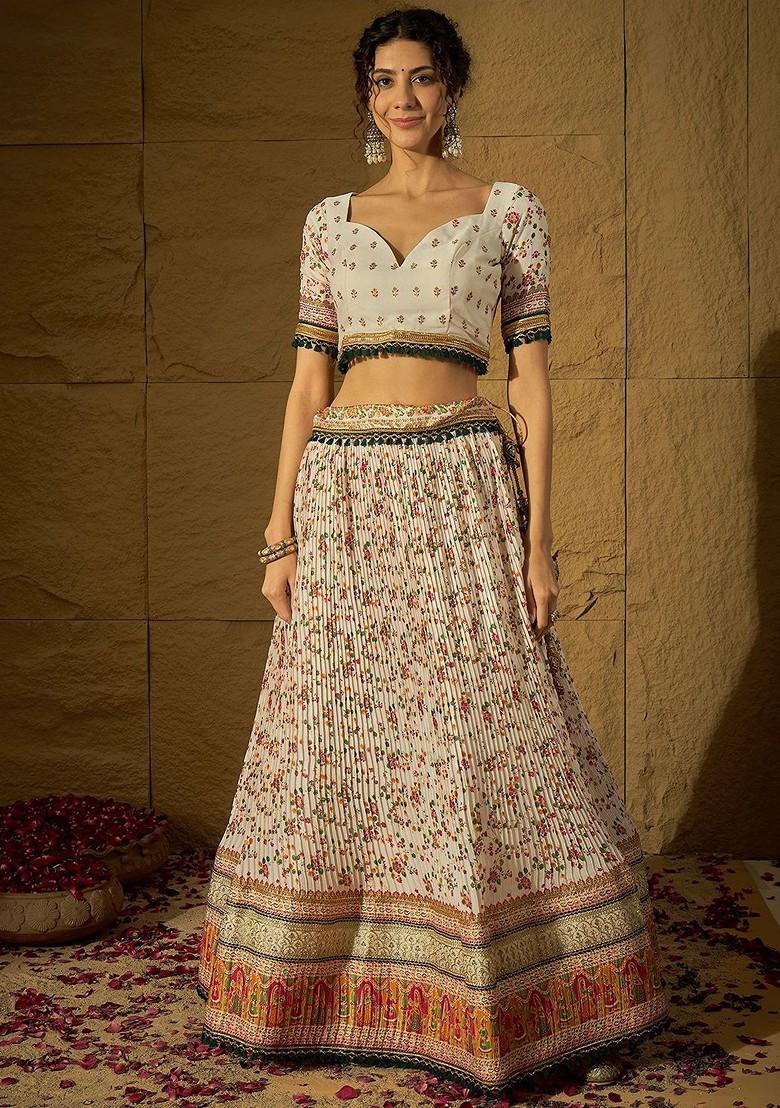 White Printed Blended Lehenga Choli - Indya
