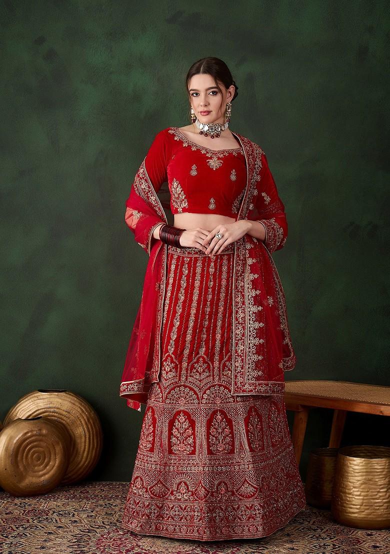 Red Emboridered Blended Lehenga Choli - Indya