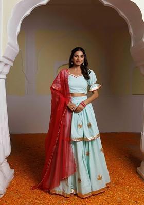 Blue Emboridered Blended Lehenga Choli