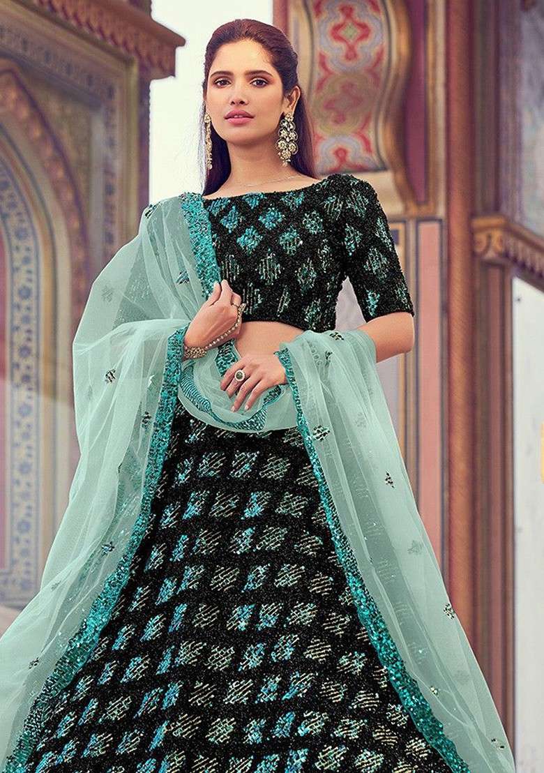 Black Emboridered Blended Lehenga Choli - Indya