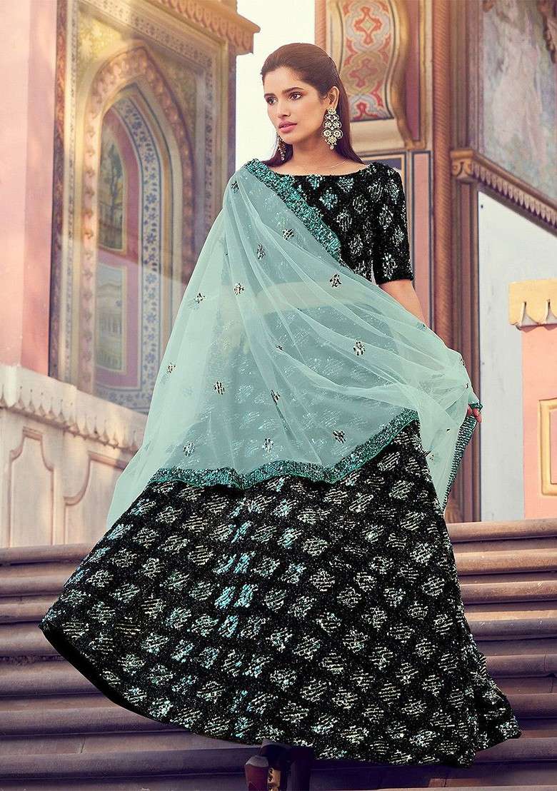 Black Emboridered Blended Lehenga Choli - Indya