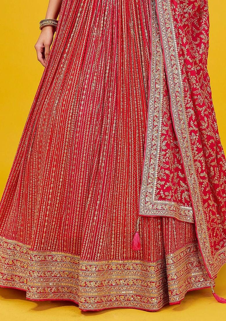 Red Emboridered Blended Lehenga Choli - Indya