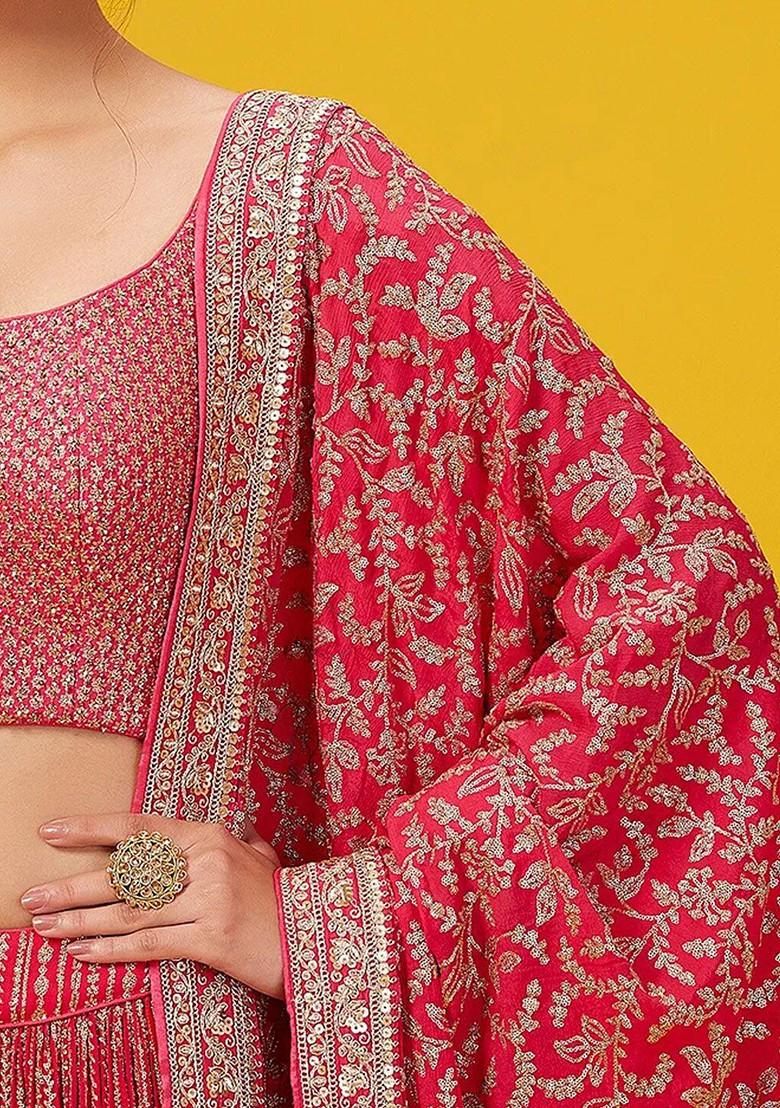 Red Emboridered Blended Lehenga Choli - Indya