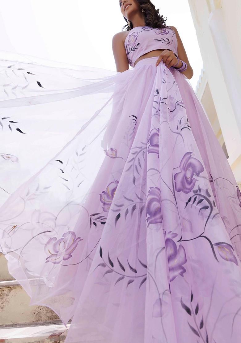 Purple Printed Blended Lehenga Choli