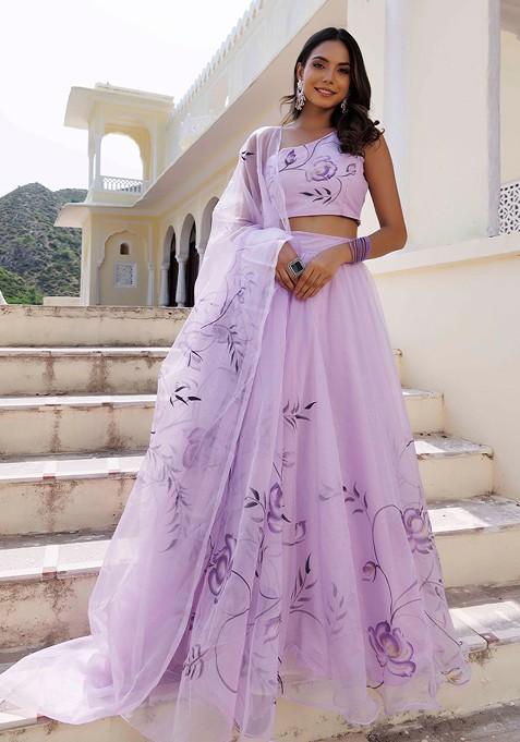 Purple Printed Blended Lehenga Choli