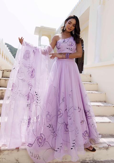 Purple Printed Blended Lehenga Choli
