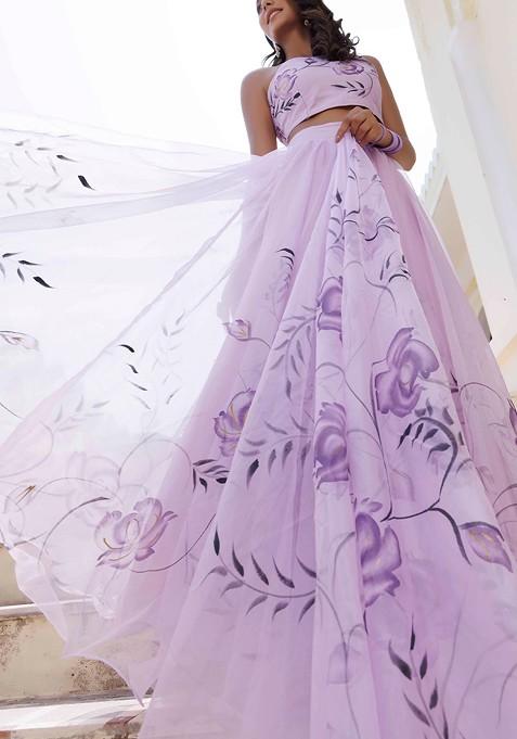 Purple Printed Blended Lehenga Choli