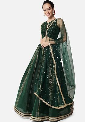 Green Printed Blended Lehenga Choli