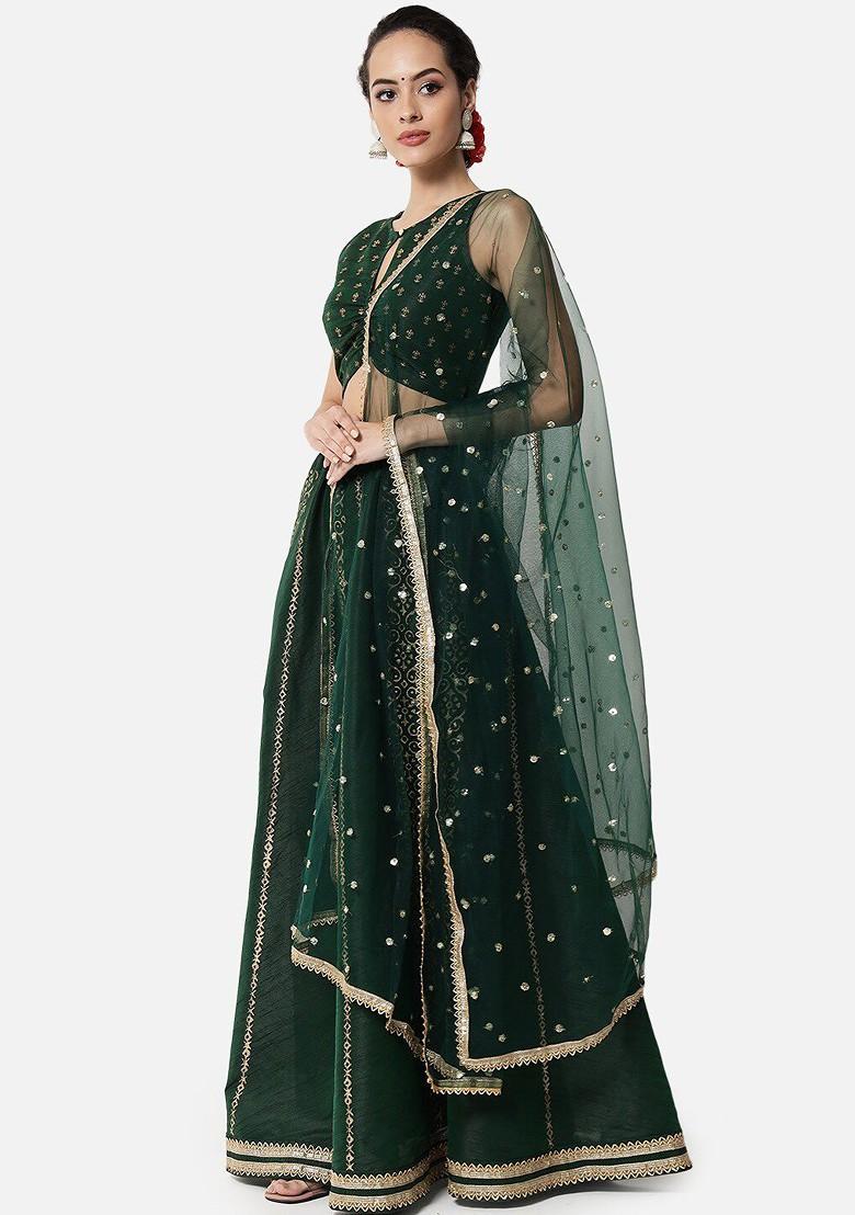 Green Printed Blended Lehenga Choli - Indya