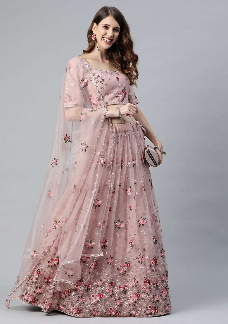 Taupe Emboridered Blended Lehenga Choli - Indya